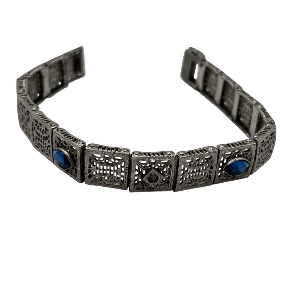 Antique EIF & Co Art‎ Deco Filigree Panel Bracelet Blue Sapphire Glass Stones